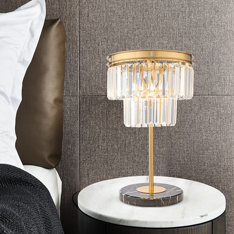 Modern Cylinder Study Lamp Clear Crystal 3 Bulbs Reading Light in Gold with Marble Base