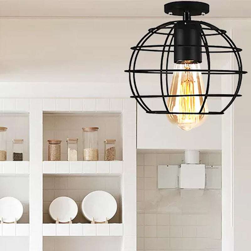 Global/Barrel Iron Semi Flush Mount with Wire Guard Farmhouse Style 1 Light Coffee Shop Ceiling Light in Black