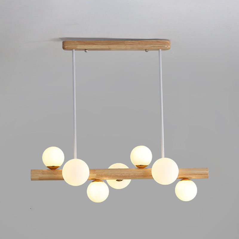 Modern Wood Island Lights Multi-Head Restaurant Hanging Lamps with Globe Glass Shade