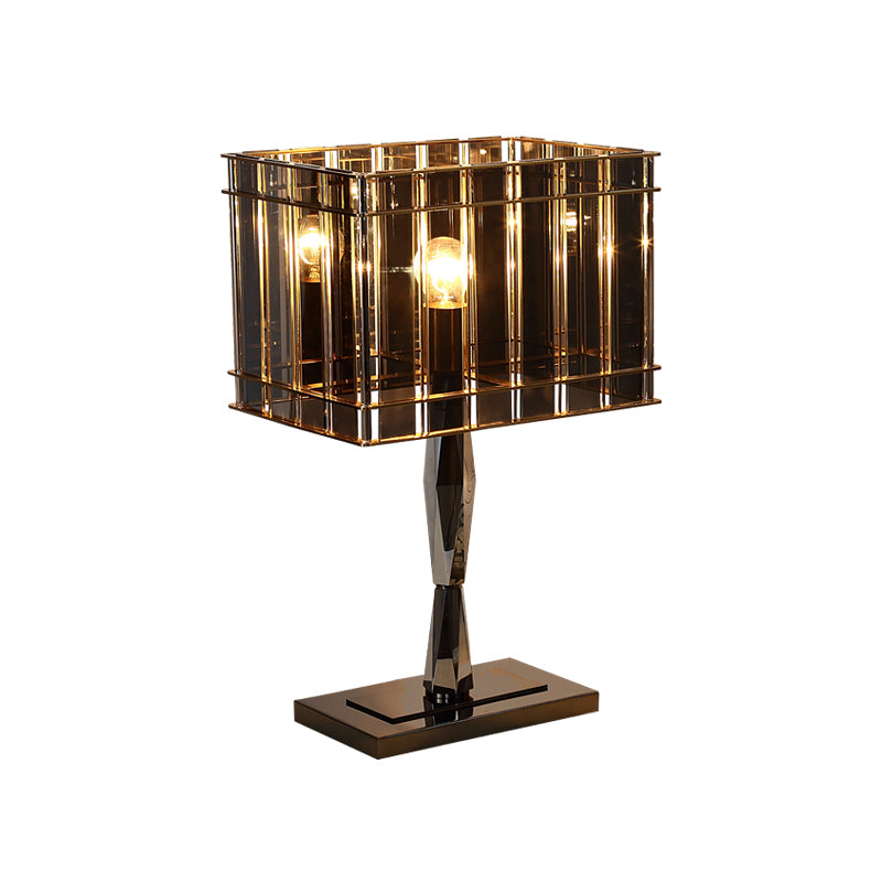 Lampada da comodino modernista rettangolare a 1 lampadina in cristallo fumé con piedistallo in metallo