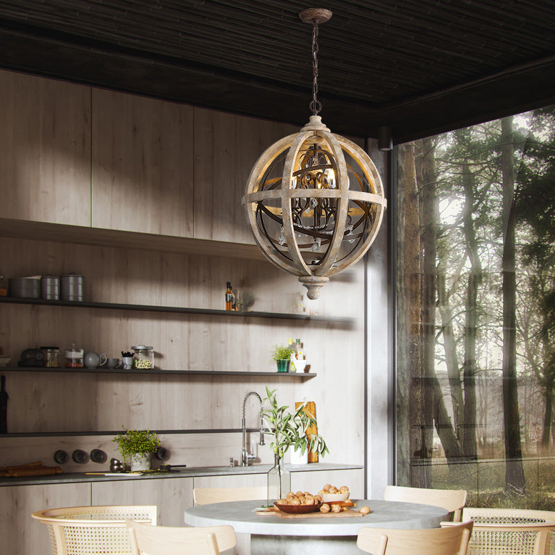 French Retro Chandelier Wood Crystal Pendant Light Fixture for Bedroom Living Room