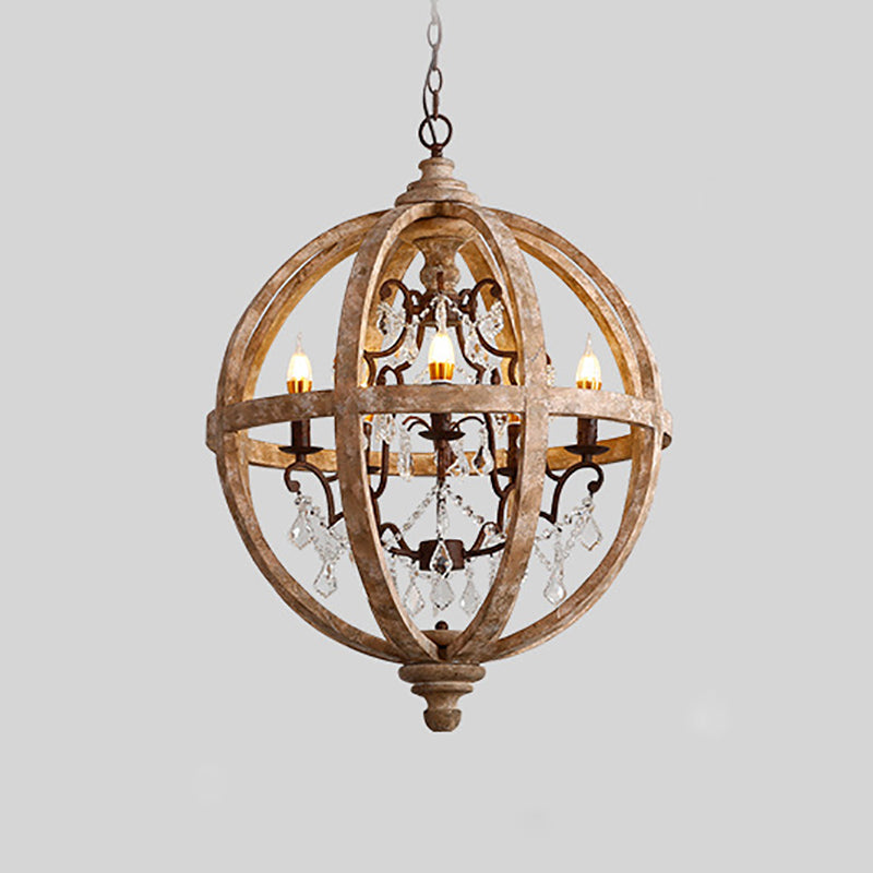 French Retro Chandelier Wood Crystal Pendant Light Fixture for Bedroom Living Room
