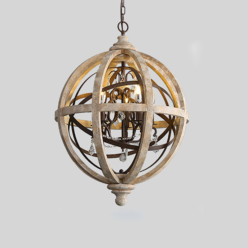 French Retro Chandelier Wood Crystal Pendant Light Fixture for Bedroom Living Room