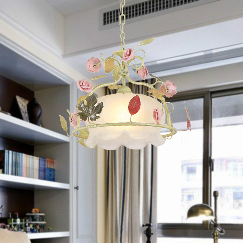 Countryside Scallop Chandelier Light Fixture 3 Bulbs Opal Glass LED Drop Pendant in White/Green for Living Room