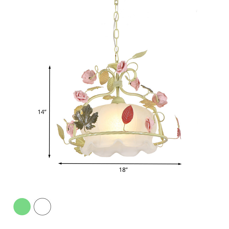 Countryside Scallop Chandelier Light Fixture 3 Bulbs Opal Glass LED Drop Pendant in White/Green for Living Room