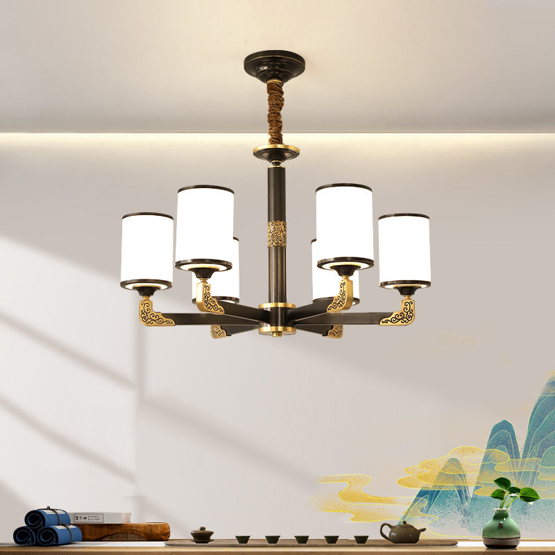 Modern Metal Pendant Light Cylindrical Glass Shade Chandelier Lighting for Bedroom