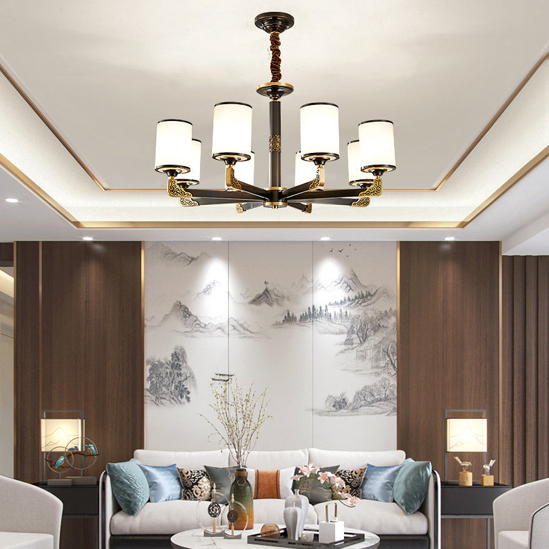 Modern Metal Pendant Light Cylindrical Glass Shade Chandelier Lighting for Bedroom