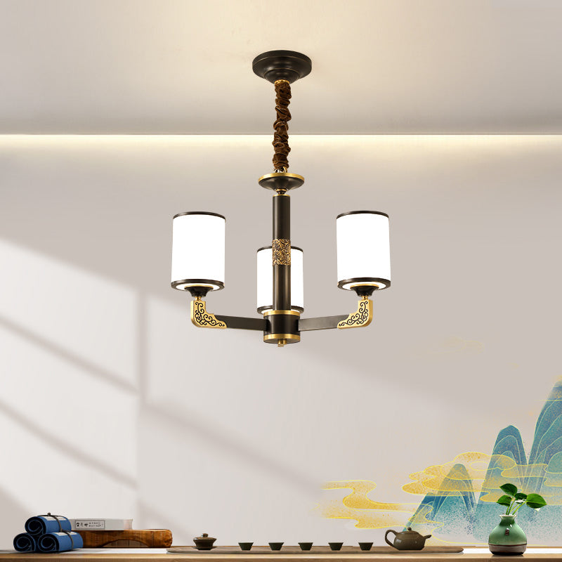 Modern Metal Pendant Light Cylindrical Glass Shade Chandelier Lighting for Bedroom
