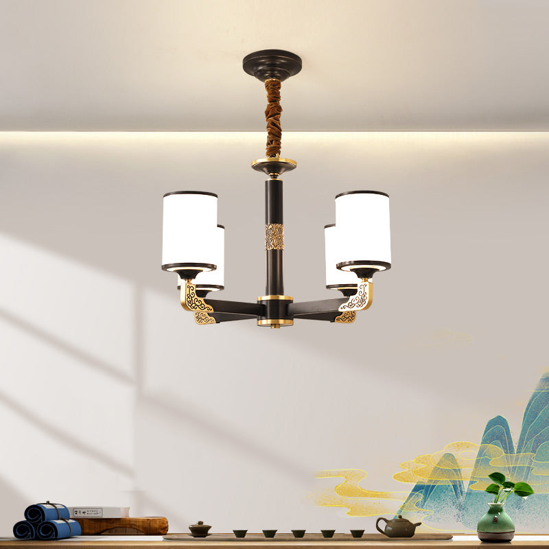 Modern Metal Pendant Light Cylindrical Glass Shade Chandelier Lighting for Bedroom