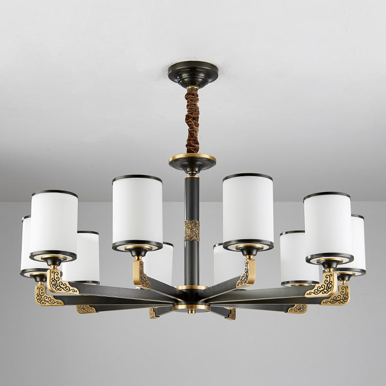 Modern Metal Pendant Light Cylindrical Glass Shade Chandelier Lighting for Bedroom