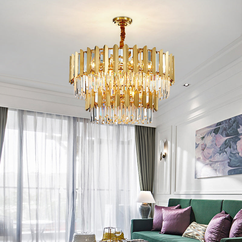 Modern Style Round Pendant Light Fixture Crystal Living Room Chandelier in Gold