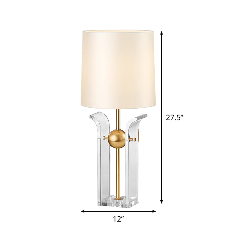 1 Bulb Barrel Shade Desk Light Modern Fabric Reading Lamp in White with Crystal Base