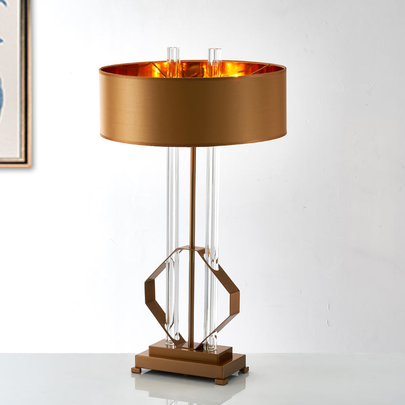 Stofftrommel Task Light Moderne 1 Kopftischlampe in Gold mit Rechteck -Metallpodest