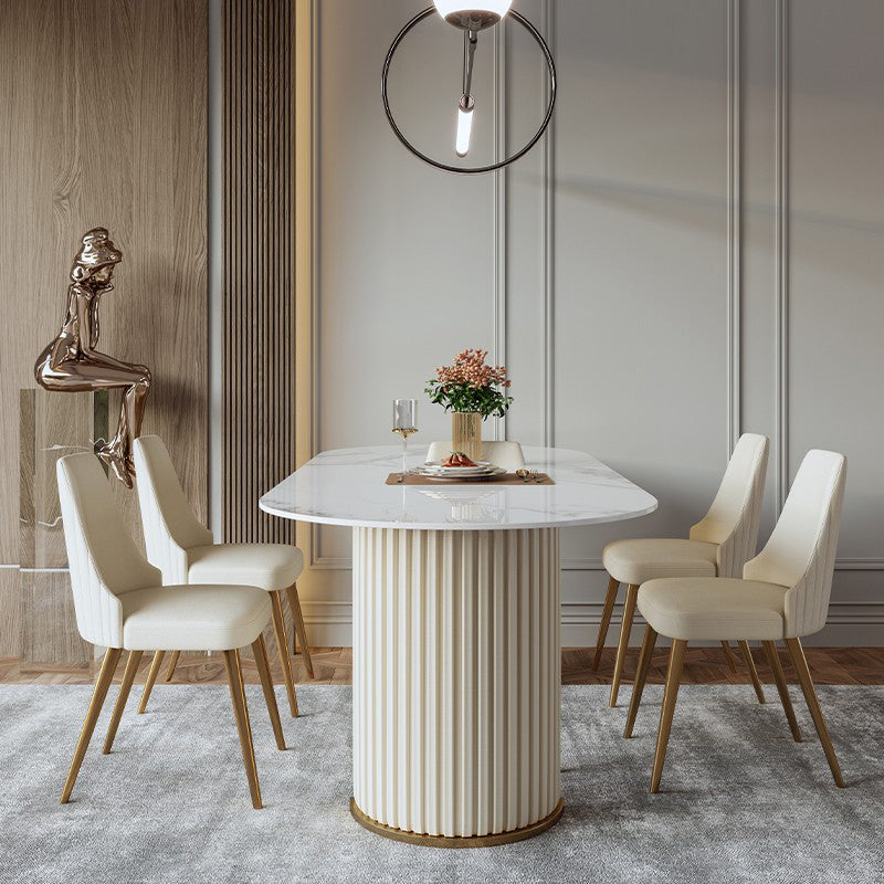Mesa de comedor ovalada moderna de metal mesa de piedra sinterizada blanca con pedestal doble