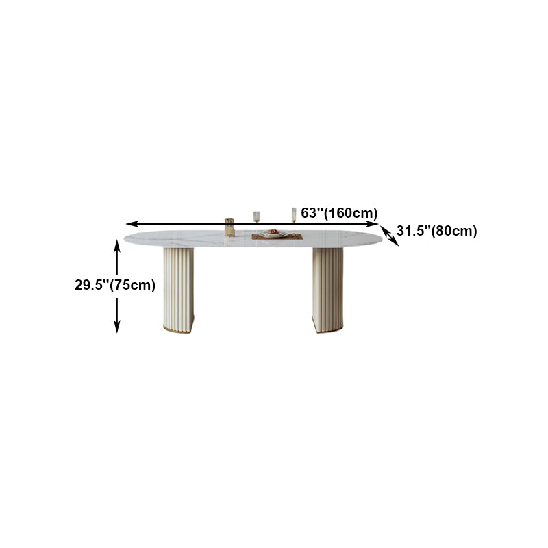 Mesa de comedor ovalada moderna de metal mesa de piedra sinterizada blanca con pedestal doble