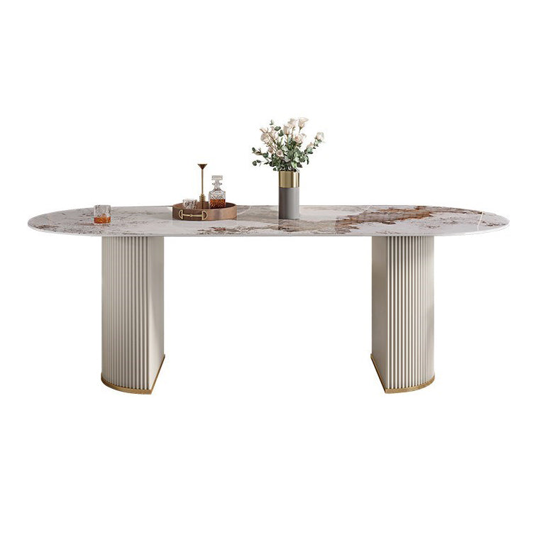 Ovale gesinterde steen witte toon eettafel moderne dubbele voetstuk tafel voor eetkamer