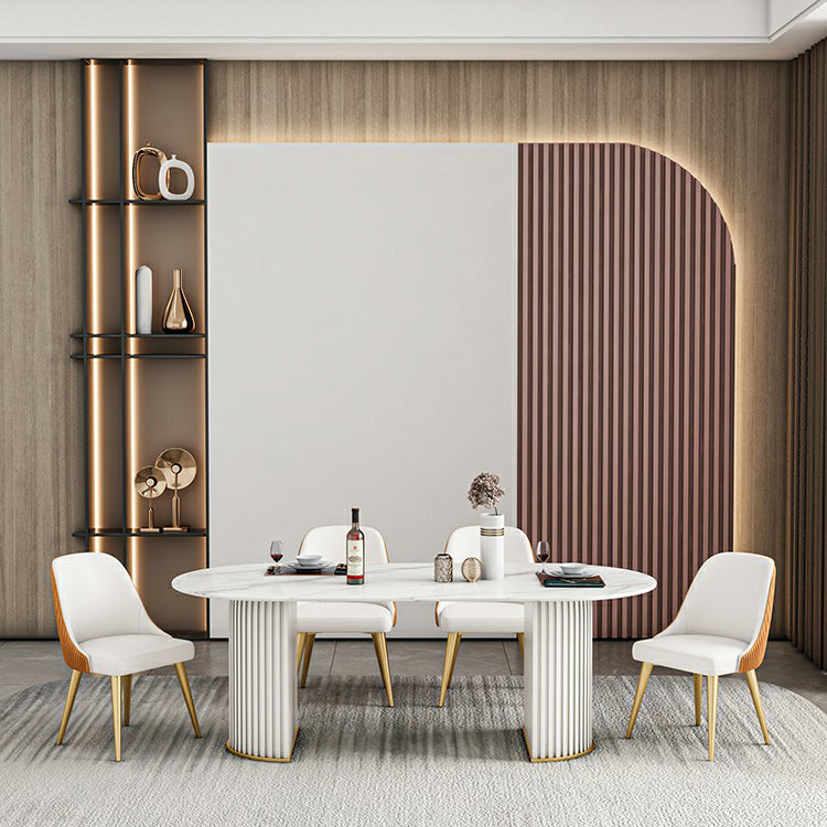 Ovale gesinterde steen witte toon eettafel moderne dubbele voetstuk tafel voor eetkamer