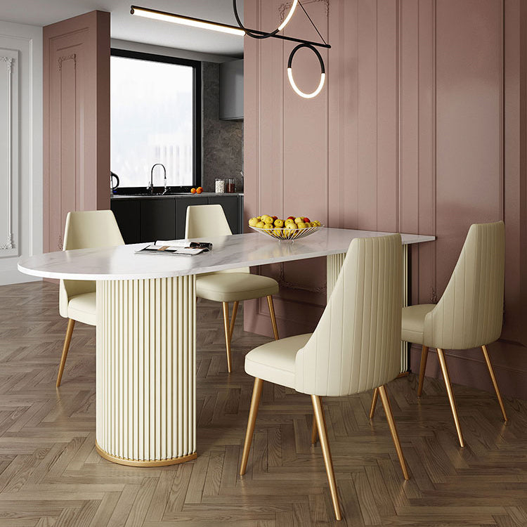 Traditional Luxury Dining Table White Sintered Stone Double Pedestal Table for Kitchen