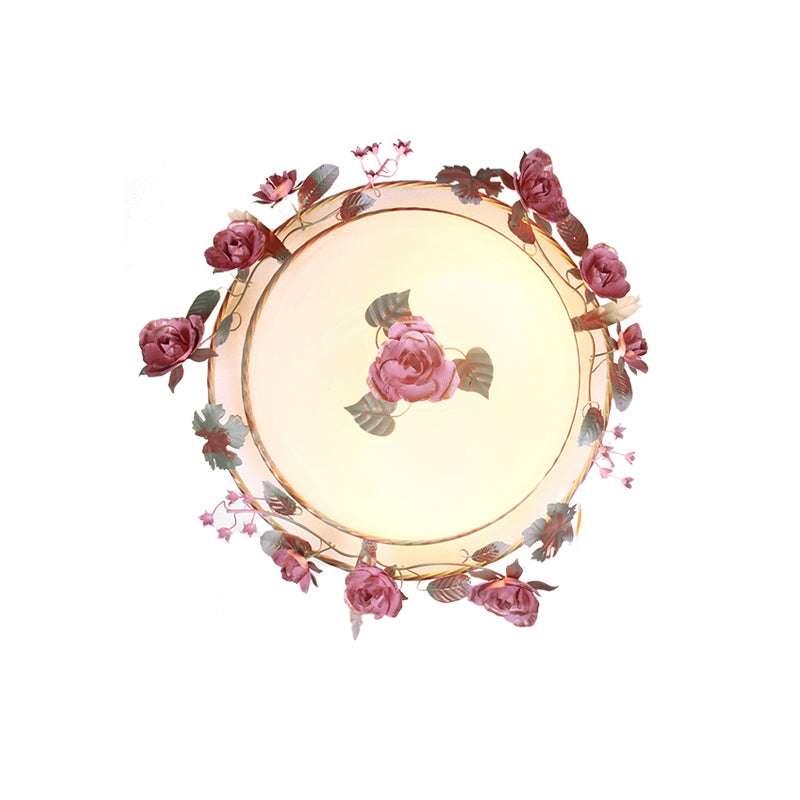 Bowl Dining Room Ceiling Lamp Countryside Metal 2/3/4 Bulbs White Flush Mount Light Fixture with Flower Decor