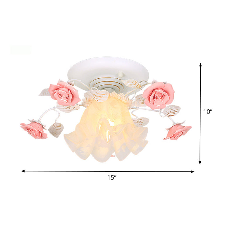 Rose Porch Ceiling Lighting Korean Garden Metal 1 Bulb White Semi Flush Mount Light Fixture