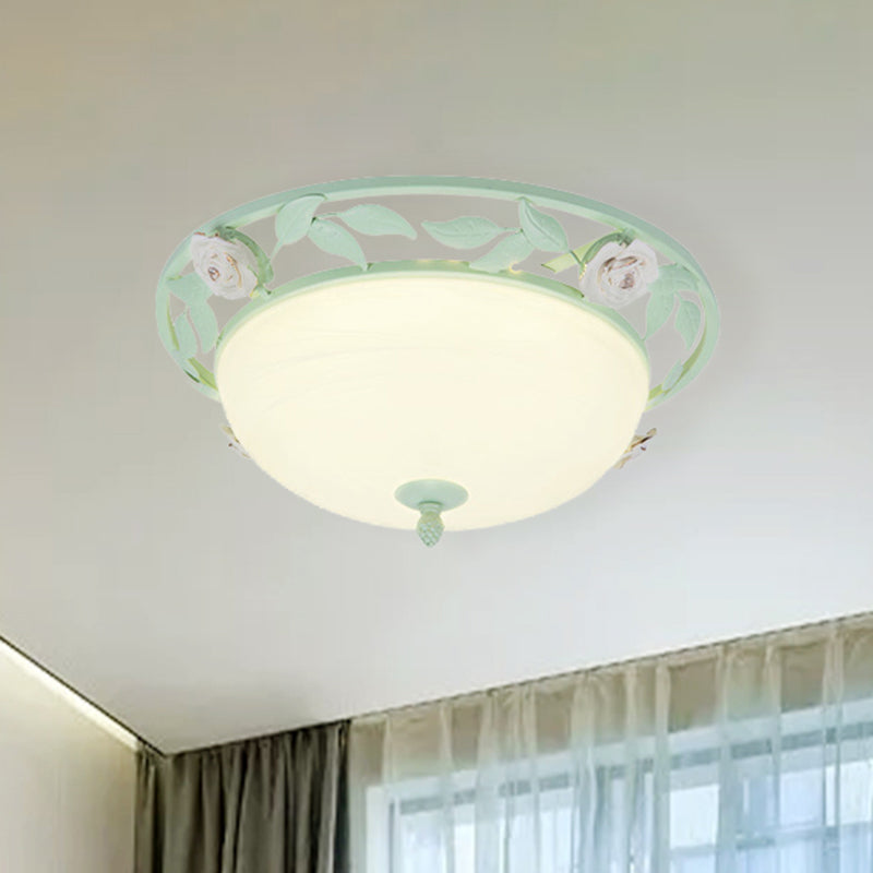 15"/19" W Metal Bowl Ceiling Lighting Korean Flower 1 Head Bedroom Flush Mount Light Fixture in Pink/Blue/Green