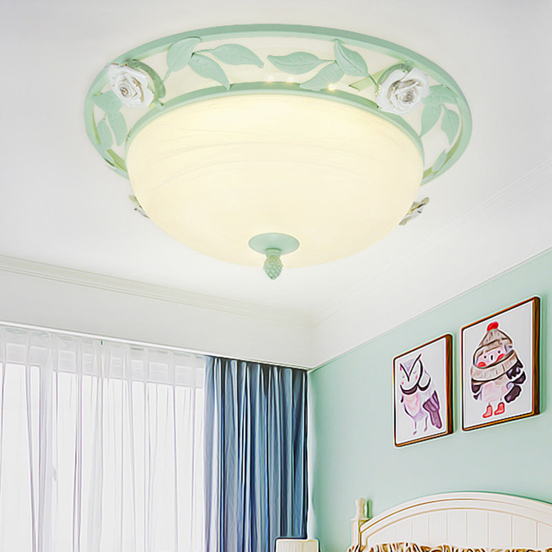 15"/19" W Metal Bowl Ceiling Lighting Korean Flower 1 Head Bedroom Flush Mount Light Fixture in Pink/Blue/Green