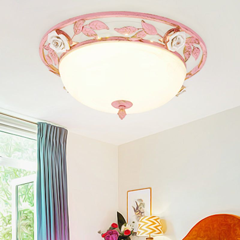 15"/19" W Metal Bowl Ceiling Lighting Korean Flower 1 Head Bedroom Flush Mount Light Fixture in Pink/Blue/Green