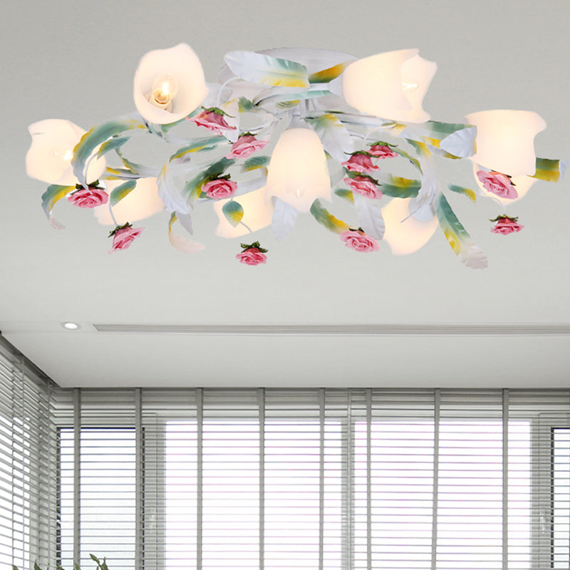 Rose Living Room Semi-Flush Mount Pastoral Metal 4/6/9 Heads Green and White Close to Ceiling Lamp