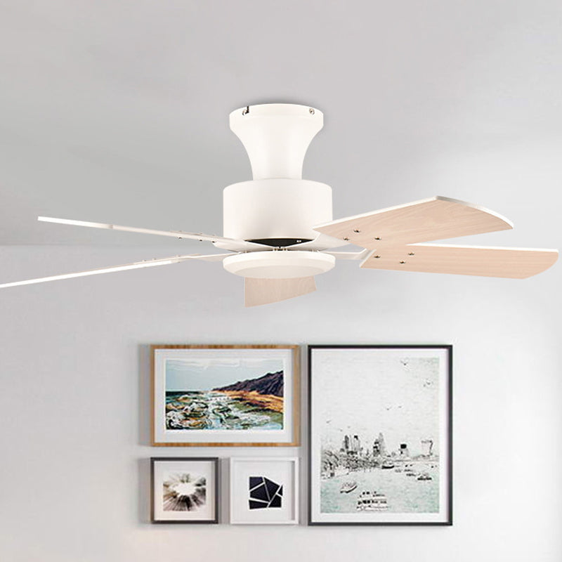 Cirkel eetkamer ventilator licht eenvoudig metalen led witte semi -spoelbevestiging met 5 houten messen, 32 "/36" breed