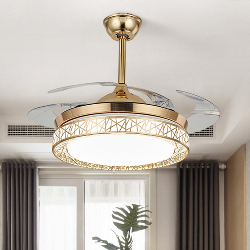 42 "brede LED semi-flush plafondlicht minimalisme ring metalen hanger ventilatorlamp in zilver met 4 heldere messen, externe/wandregeling/3 kleurlicht
