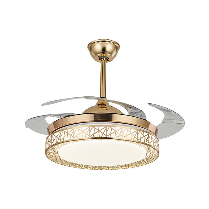 42 "brede LED semi-flush plafondlicht minimalisme ring metalen hanger ventilatorlamp in zilver met 4 heldere messen, externe/wandregeling/3 kleurlicht