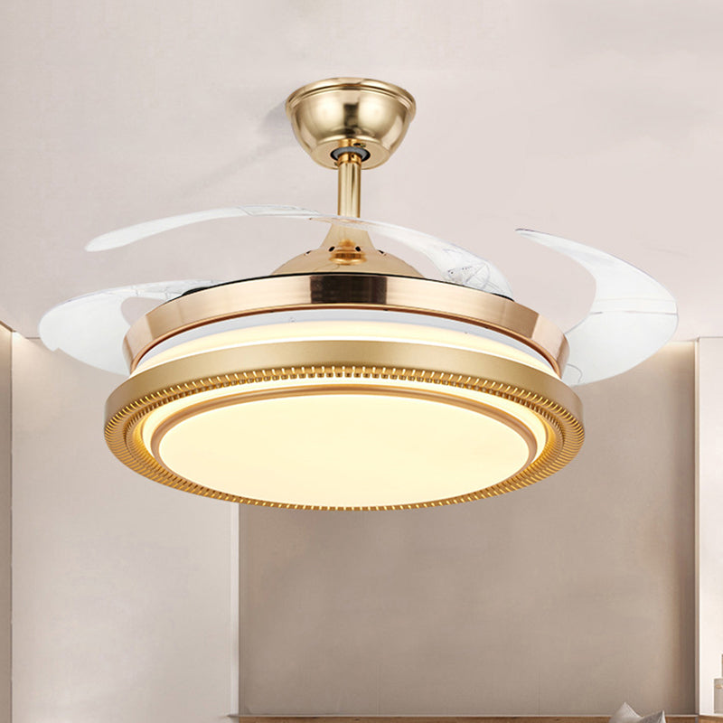 42 "Breedte Acryl Gold ventilatorlamp Ronde LED Minimalistisch semi -spoelbevestigingsplafondlicht met externe/wandregeling, 4 heldere messen
