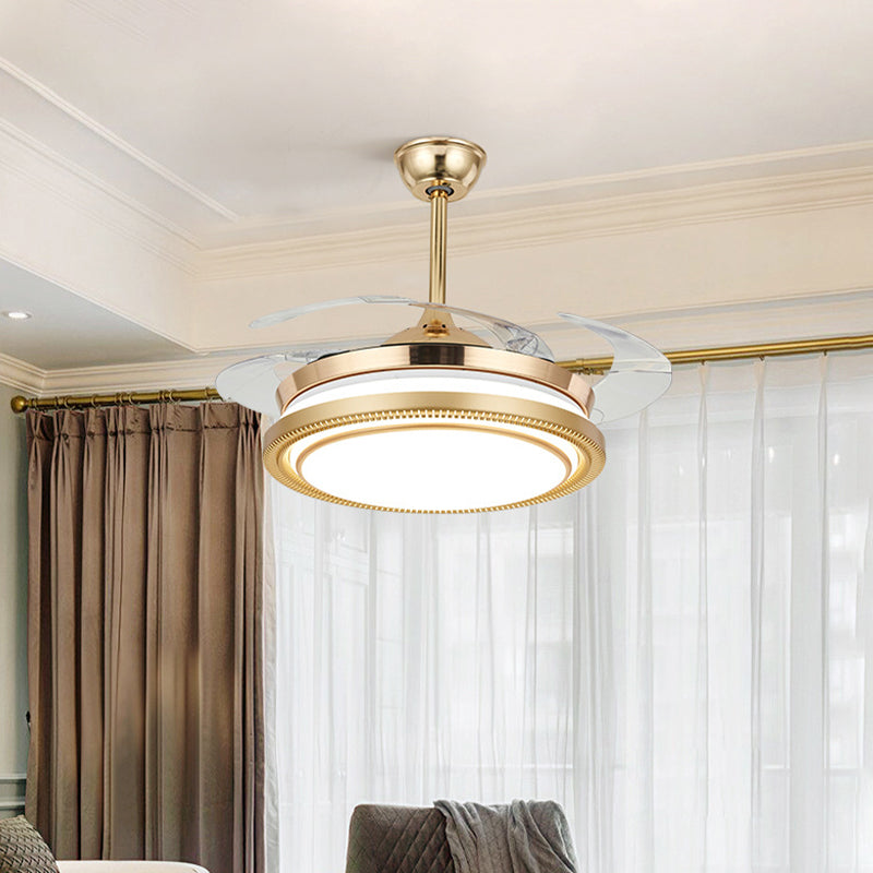 42 "Breedte Acryl Gold ventilatorlamp Ronde LED Minimalistisch semi -spoelbevestigingsplafondlicht met externe/wandregeling, 4 heldere messen
