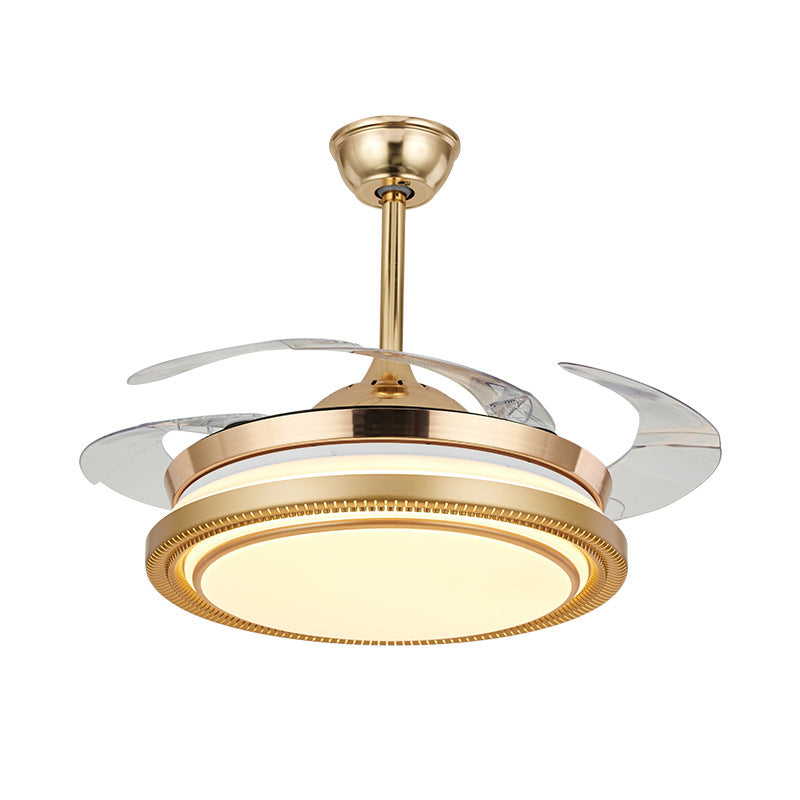 42 "Breedte Acryl Gold ventilatorlamp Ronde LED Minimalistisch semi -spoelbevestigingsplafondlicht met externe/wandregeling, 4 heldere messen