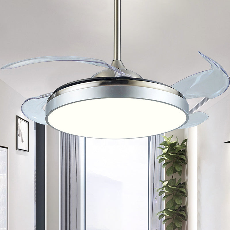 Hedendaagse cirkelvormige semi -spoellicht LED 42 "W Acryl -plafondventilatorverlichting in zilver met 4 heldere messen, externe/wandregeling/frequentieconversie