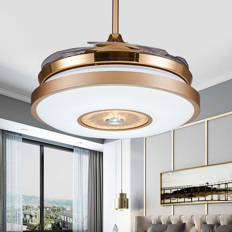 Cirkel slaapkamer semi -spoelmontage minimalistische metalen led goudhangventilatorverlichting met 4 heldere messen, 36 "/42" breedte