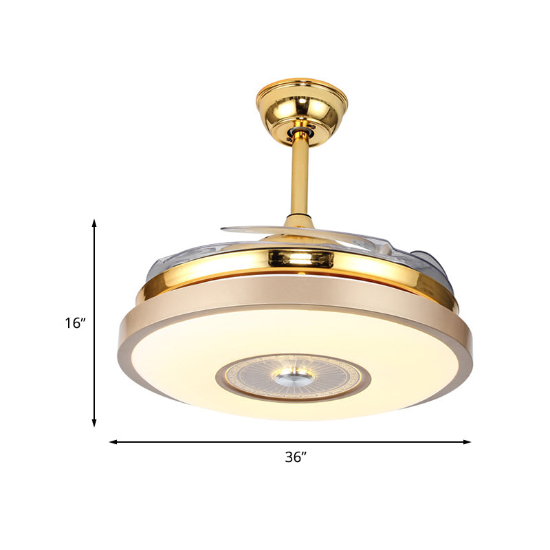 Cirkel slaapkamer semi -spoelmontage minimalistische metalen led goudhangventilatorverlichting met 4 heldere messen, 36 "/42" breedte