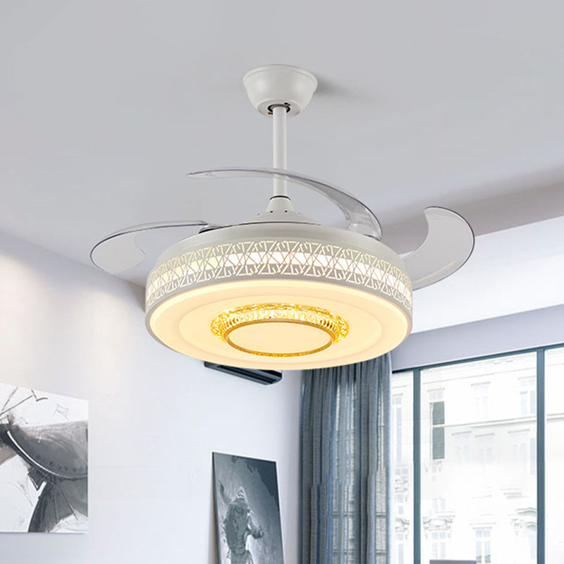 42 "Breedte Modernism Cirkel Hangdoekventilator Lamp LED Acryl Semi Flush Mount plafondlicht in wit met 4 heldere messen, op afstand/wandregeling