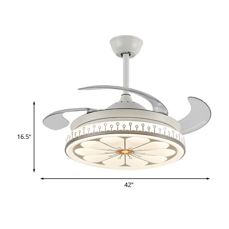42 "brede LED semi -spoelmontage Licht eenvoudig bloempatroon metalen plafondventilator lamp in wit met 4 messen, externe/wandregeling/frequentieconversie en afstandsbediening