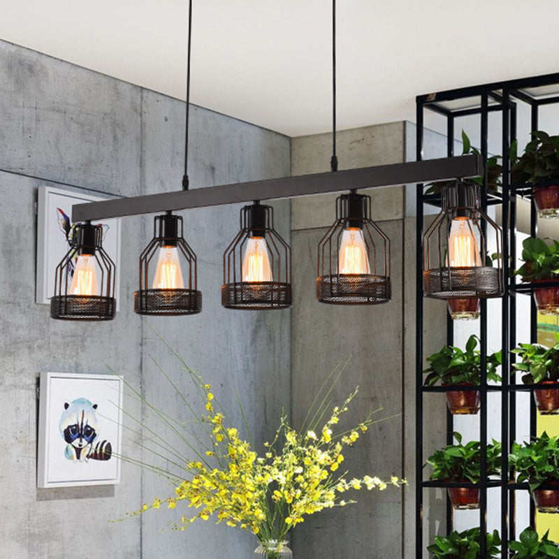 Wire Guard Metal Island Light Vintage Industrial 5 Lights Dining Room Linear Hanging Light Fixture in Black