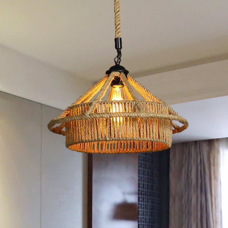 1 Lampen Seildecke Anhänger Leichte Vintage Beige Strohhutform Coffee Shop Hanging Lampe