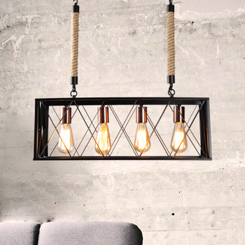 Linear Metal Island Lighting with X-Cage Shade Vintage Industrial 4 Bulbs Living Room Island Pendant Light in Black