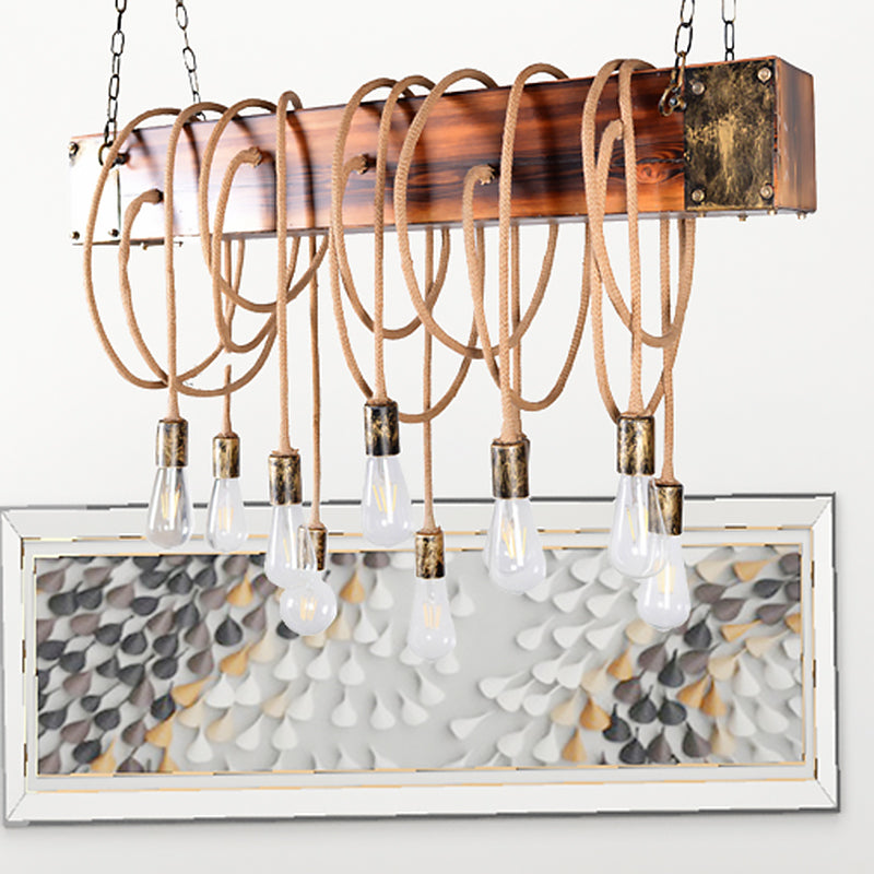 Lumo a sospensione multipla Lumo Lulb nudo Isola di metallo con raggio di legno e corda/corda in ottone nero/antico