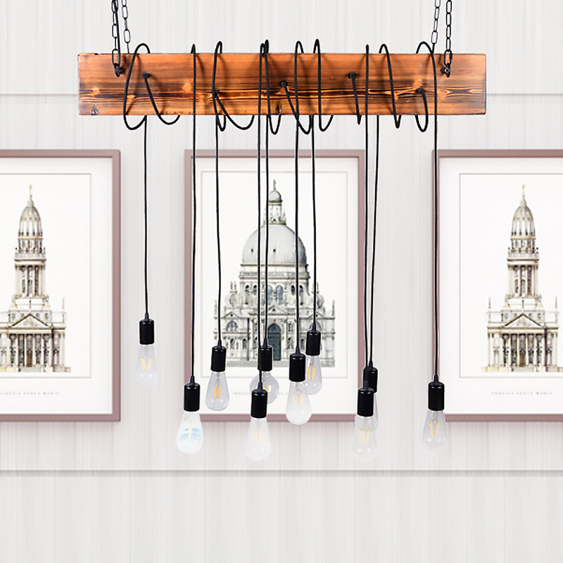 Lumo a sospensione multipla Lumo Lulb nudo Isola di metallo con raggio di legno e corda/corda in ottone nero/antico