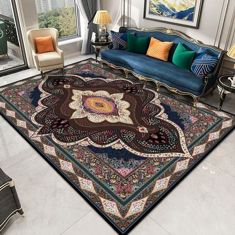 Dark Brown Graphic Carpet Polyester Retro Carpet Non-Slip Backing Carpet for Living Room