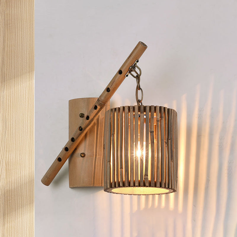 Bamboo Cylindrical Shade Wall Light Sconce Asian Style 1 Light Wood Wall Lamp with Flute Decoration, Left/Right