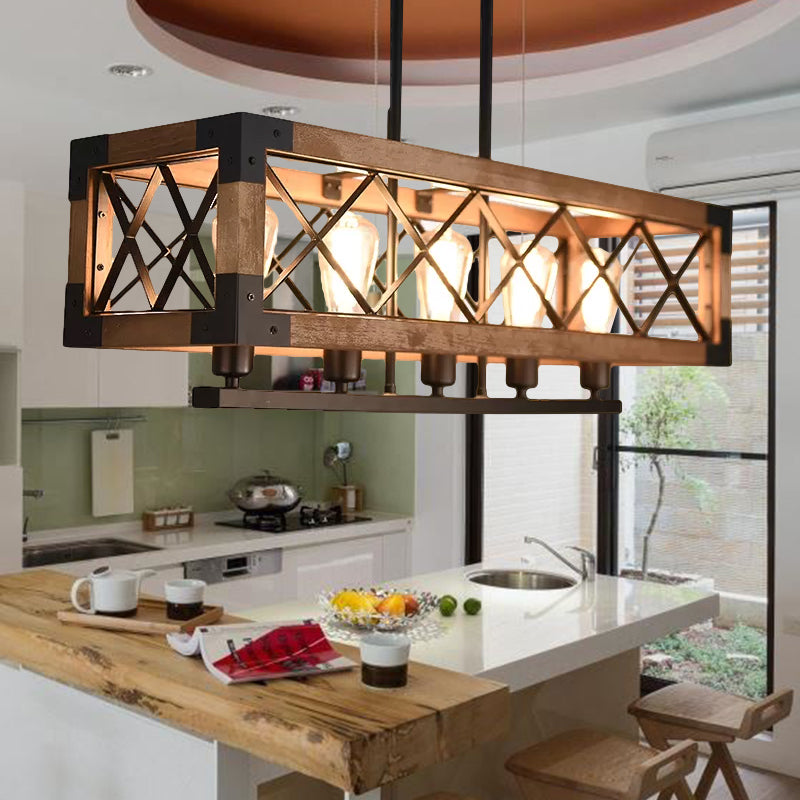 5 Bulbs Rectangle Pendant Light with Frame Shade Rustic Loft Brown Metal and Wood Island Light