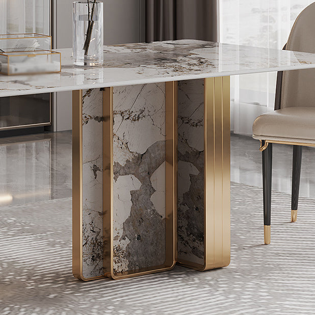 1/4/5/9 Pièces Rectangle Glam Furniture Table de table à manger en pierre avec base de piédestal double