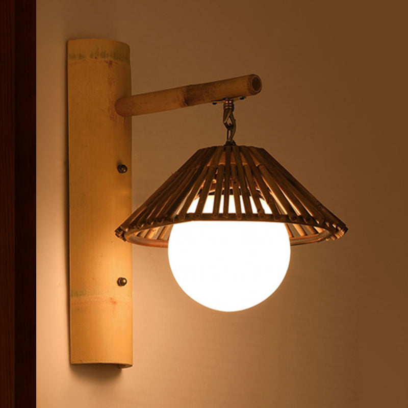 Bamboo Cone Wall Mount Light Asian Style 1-Light Brown Wall Lamp with White Glass Ball Shade