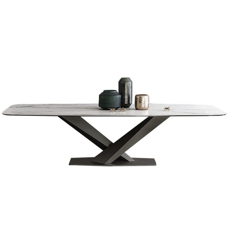 Sintered Stone Table for Restaurant Industrial Rectangle Dining Table Metal Pedestal